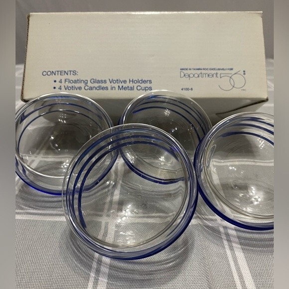 RARE Department 56 Set 4 Floating Glass Votive Holders Clear Cobalt Blue Swirl - Picture 10 of 13